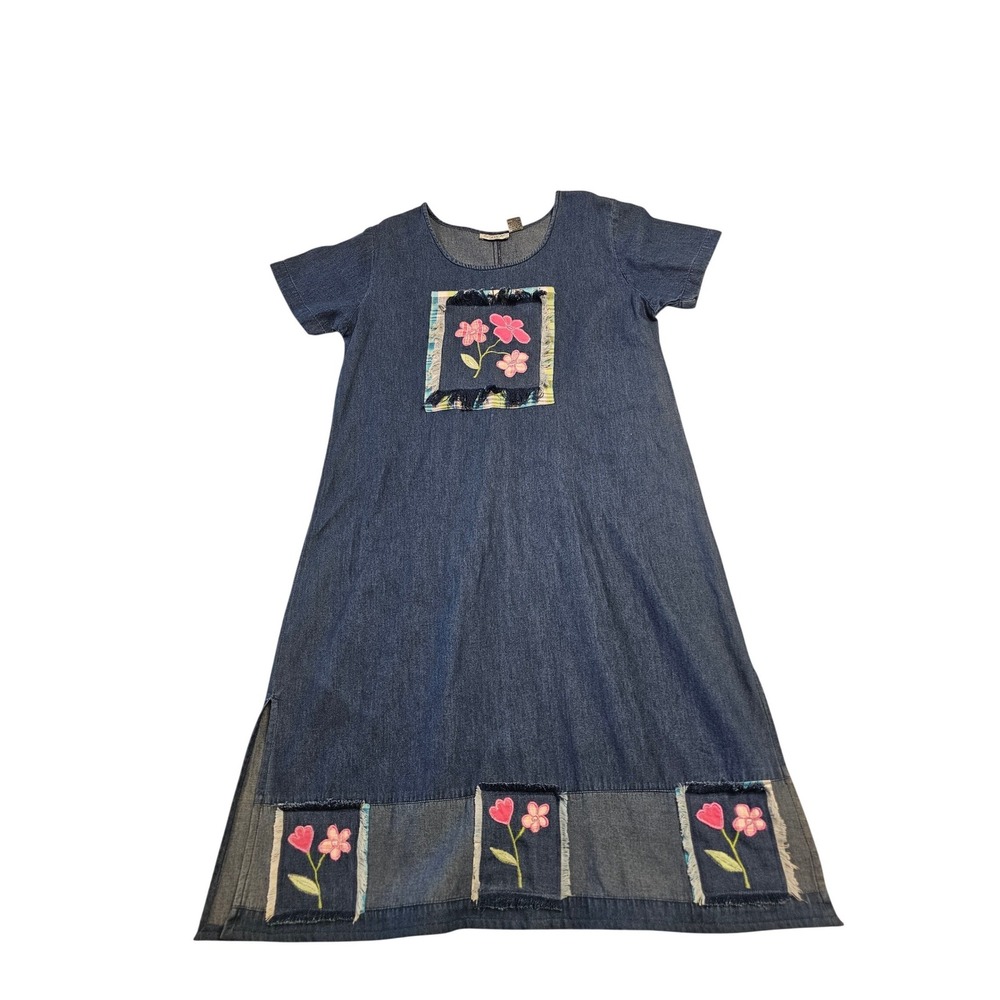 Sante Classics Womens Blue Denim Floral Applique Midi Shift‎ Dress Size M boho
